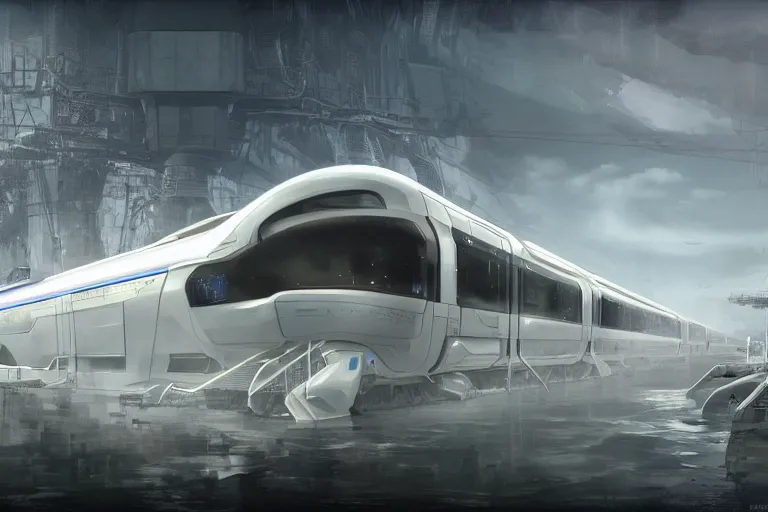 Prompt: futuristic train designed by Apple, a detailed matte painting by Kitagawa Utamaro, cgsociety, octane render, highly detailed, matte painting, concept art, sci-fi