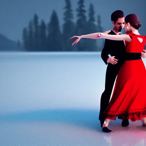Prompt: a beautiful couple dancing tango in a frozen lake by Aurore Folny, girl wears a red dress, man wear black suit, trending Artstation, smooth, snow weather, iconic tango pose, illustration, romantic , octane render