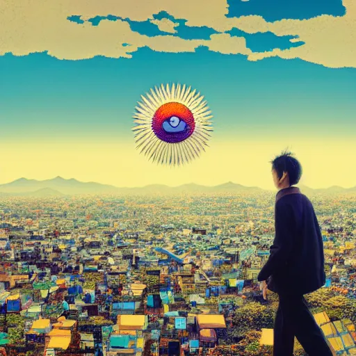 Image similar to a man walking on clouds away from the camera above kyoto by takashi murakami, beeple and james jean, aya takano color style, 4 k, super detailed, modern, 4 k, symmetrical