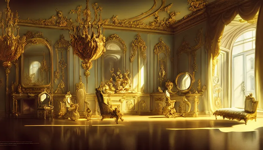 Image similar to rococo interior made from chrome, versailles, light, shadows, reflections, epic composition, intricate, elegant, volumetric lighting, digital painting, highly detailed, artstation, sharp focus, illustration, concept art, ruan jia, steve mccurry