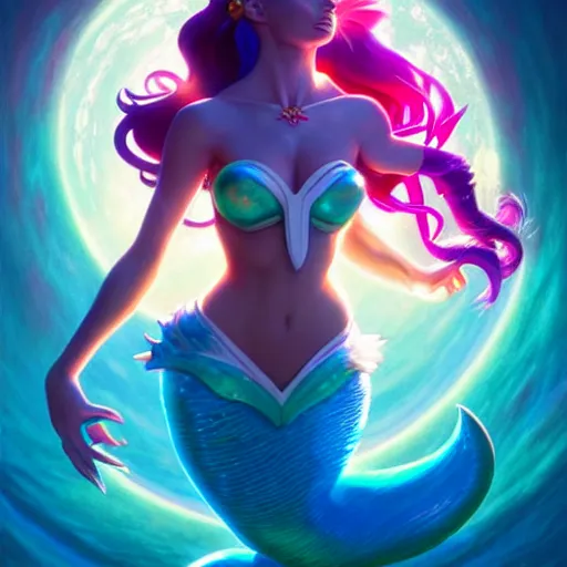 Image similar to sailormoon mermaid, bold colors, intricate, volumetric lighting, good composition, fine swirling lines, bold colors, global illumination, art by tyler edlin and rhads and gustave dore, artstation