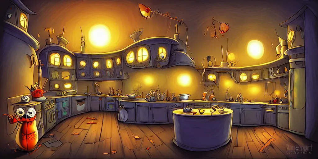 Image similar to curved perspective digital art of a dark!!!!!! kitchen from Tim Burtons Nightmare Before Christmas by Petros Afshar