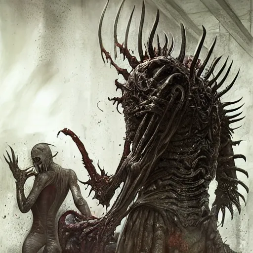 Prompt: 2 men eating dinner, alien autopsy, old kitchen by hr giger, greg rutkowski, luis royo and wayne barlowe as a diablo, resident evil, dark souls, bloodborne monster : : hyper realistic, ultrarealistic, realism, photoreal, 8 k : :