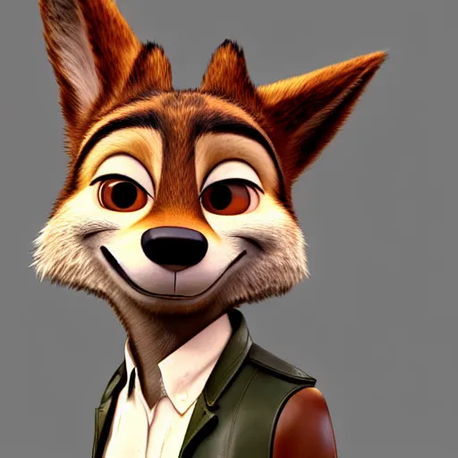 Image similar to portrait, 3d render , anthropomorphic coyote male , wearing along brown leather jacket , in the style of Zootopia