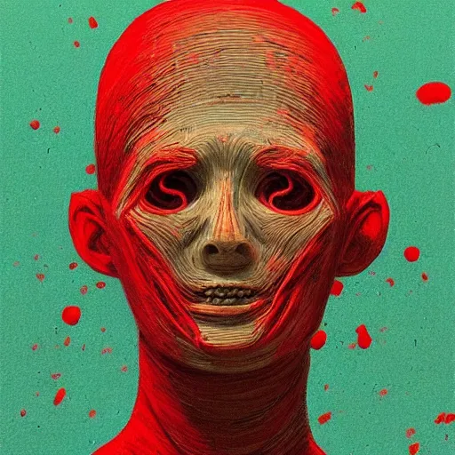 Image similar to a portrait bandaged mummy, smooth lines, red splatters, in the style of zdzisław beksinski and junji ito, trending on artstation deviantart pinterest