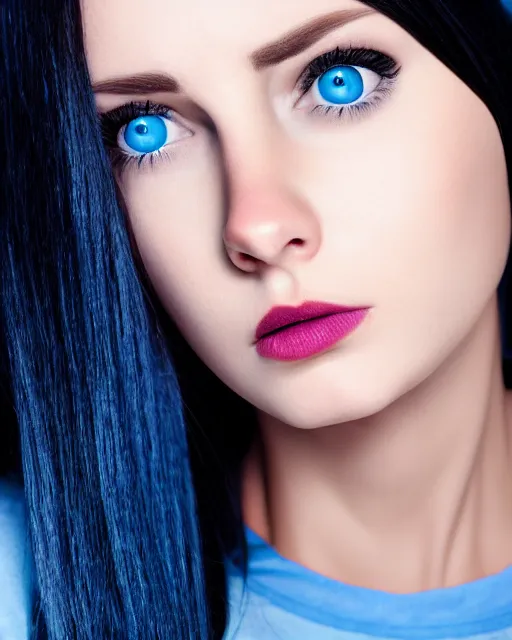 Prompt: realistic portrait of woman with black hair and blue eyes while she's sad, ultra realistic, 8k