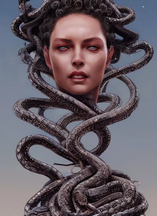 Image similar to Medusa, mechanical snakes of different sizes, detailed face, very detailed, dramatic lighting, electrical details, high details, 4k, 8k, trending on artstation, by Greg Rutkowski, Wayne Barlowe, Hajime Sorayama and Boris Vallejo