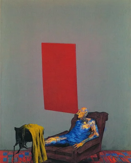 Prompt: thick flowing expressive acrylic painting of an old dead figure sitting on a couch in an old apartment watching the dog chase away the mail man,  Beksinski painting, part by Francisco Goya and Gerhard Richter. art by James Jean, Francis Bacon masterpiece