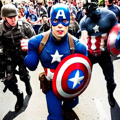 Prompt: photo of captain america fighting an edl march in a british pub