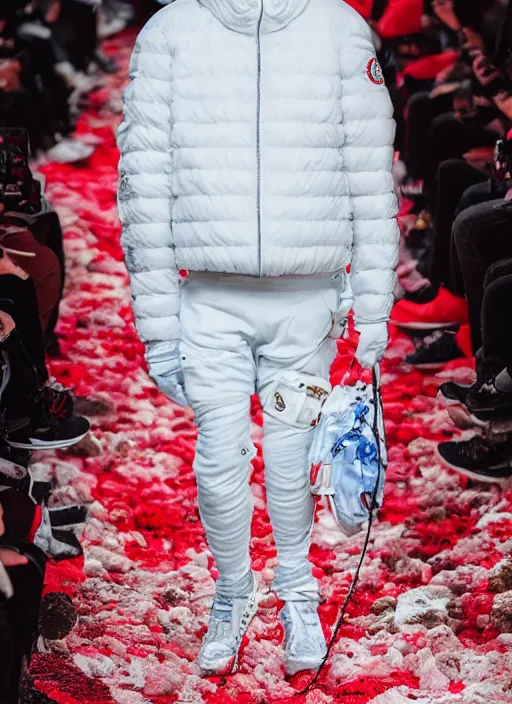 Image similar to hyperrealistic and heavy detailed moncler runway show of whole lotta red by playboi carti, leica sl 2 5 0 mm, vivid color, high quality, high textured, real life