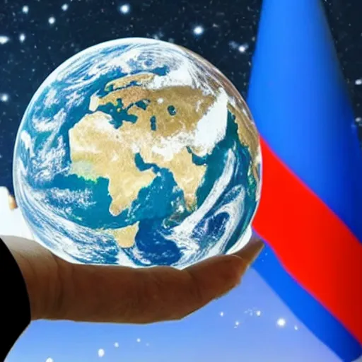 Image similar to photo of robotic putin holding earth in his hands