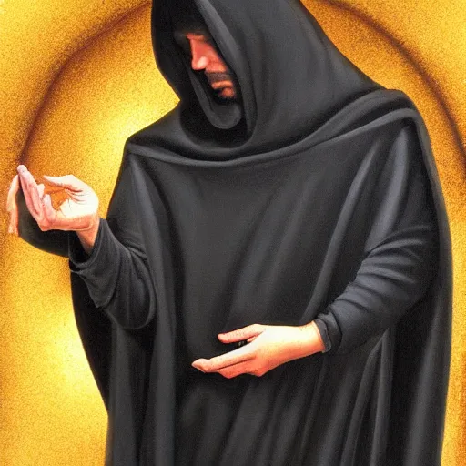 Prompt: a man wearing a long black cloak, shadowy hood covering face, holding a glowing orb, grandiose style, new age painting, by Michelangelo, trending on artstation