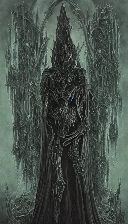 Prompt: Lord of the Rings themed painting of symmetrical torso black and emerald Ringwraith Nazgul armor with extended evil armored hands concept, intricate artwork by H.R. Giger, Johnatan Wayshak, Zdizslaw Beksinski, Ayami Kojima, Amano, Karol Bak, Moebius, and Mark Brooks, Neo-Gothic, gothic, rich deep colors, art by Takato Yamamoto, masterpiece, face by Artgerm, very coherent artwork, cinematic, hyper realism, high detail, octane render, unreal engine, 8k, High contrast, golden ratio, trending on cgsociety