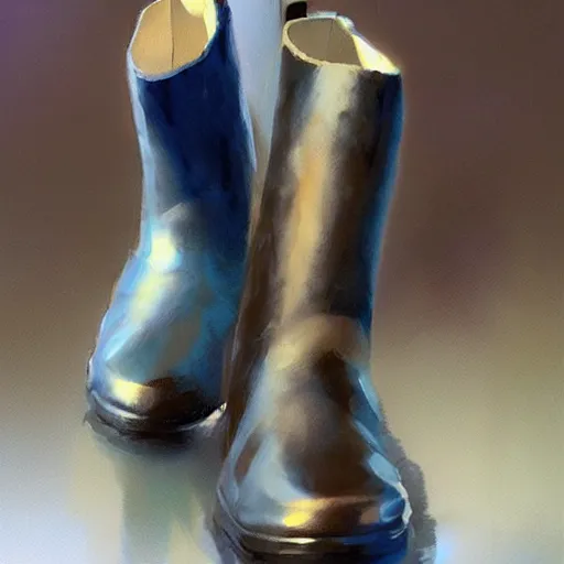Prompt: water resistant PVC blue water boots, by Craig mullins, Steve Purcell, Ralph McQuarrie. Design. Fashion. Trending on artstation. Centered image, no background