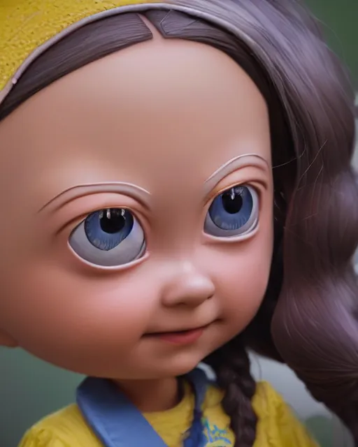 Image similar to highly detailed closeup, face profile portrait of a tin toy greta thunberg as an anime schoolgirl, bikini, depth of field, nicoletta ceccoli, mark ryden, lostfish, max fleischer, breathtaking, detailed and intricate environment, 8 k resolution, hyperrealistic, octane render