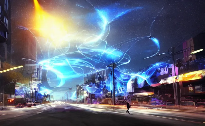 Image similar to people with posters attacking cops, a huge blue spiral - shaped white luminous attractor is floating on the horizon near the sun, stores in los angeles with light screens all over the street, concept art, art for the game, professional lighting, dark night lighting from streetlights