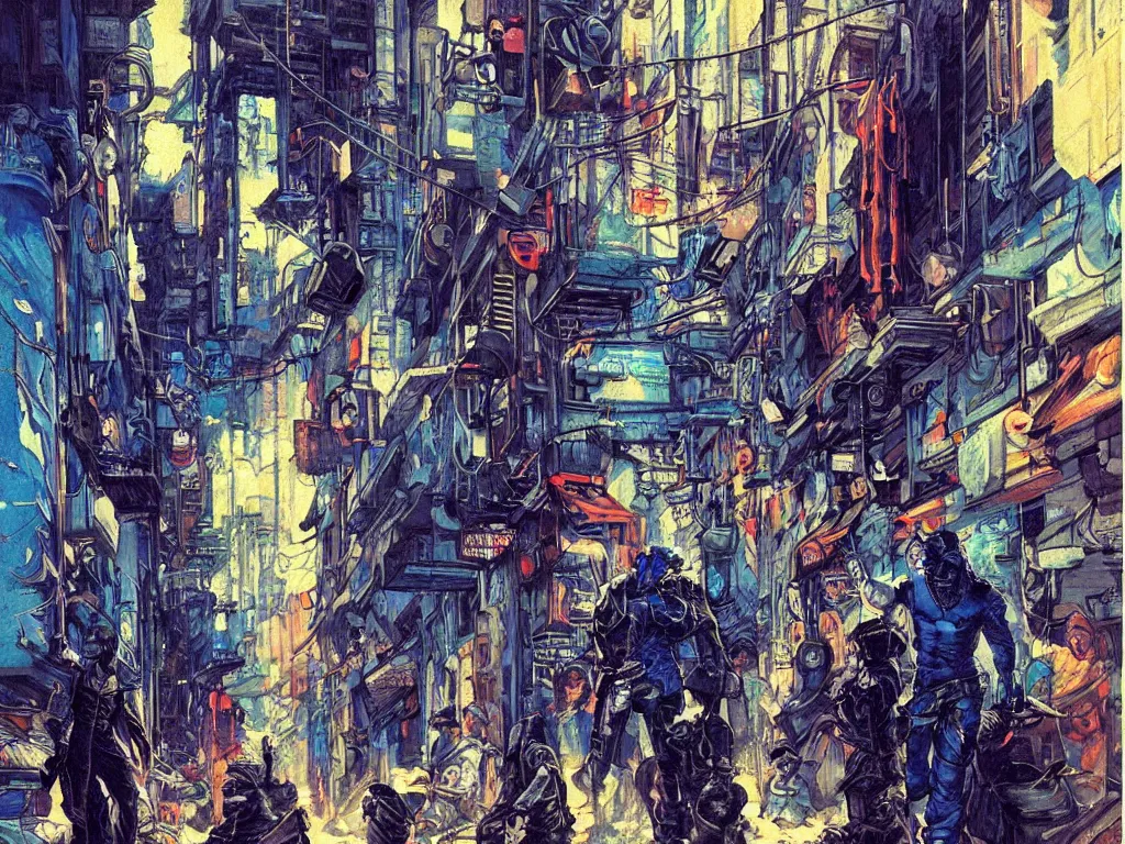 Prompt: a cyberpunk gang in the alleyway between art deco buildings, graffiti, fine detail, intricate, polished, blue color scheme, digital art, illustration, impressionist, by george luks and noriyoshi ohrai