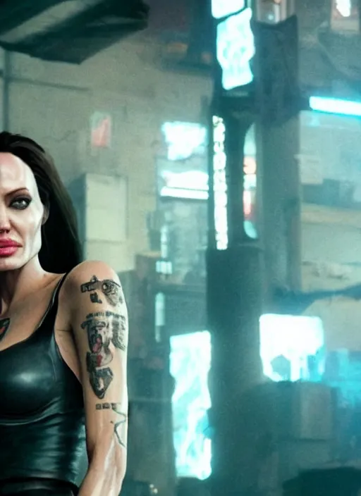 Prompt: film still of Angelina Jolie as Johnny Silverhand in Cyberpunk 2077, gameplay, 8k, HD