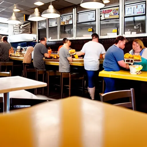 Image similar to busy wafflehouse interior with customers eating breakfast and wafflehouse employees serving food and cooking behind countertop