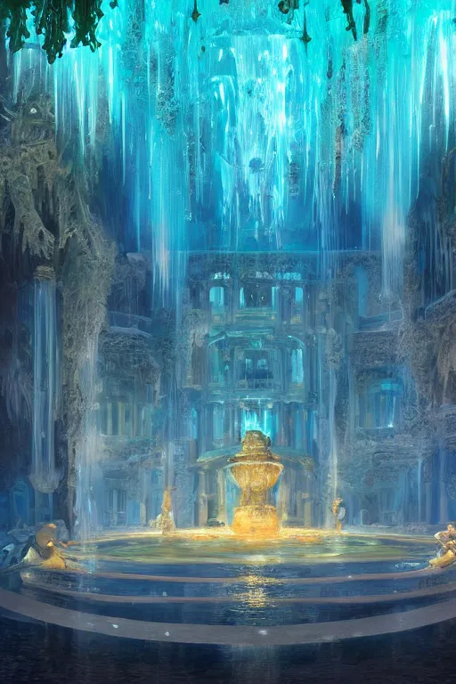 Image similar to inside of an atlantis palace, bioluminescent light, fountain, crystals, intricate, elegant, volumetric lighting, digital painting, highly detailed, artstation, sharp focus, illustration, concept art, ruan jia, steve mccurry