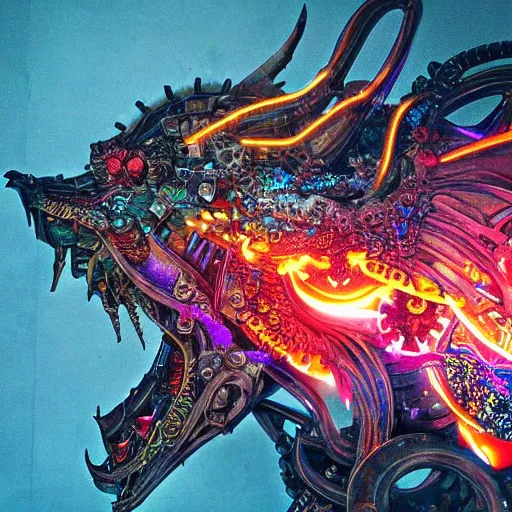 Prompt: cyberpunk dragon made of psychedelic particle effects breathing a flame of clockwork and gears, high detail