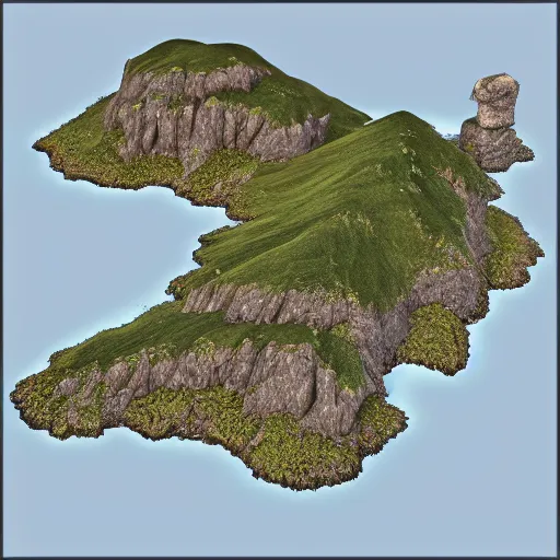 Image similar to 3d model of a fantasy map, lots of islands, tall rocks, ruins, small villages scattered around
