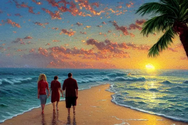 Prompt: people going for a soothing walk on the beach during sunset, the sea is majestic and the water is clean, fluffy clouds reflect off the waves of the ocean, beautiful palm trees, clean sand, watercolor by thomas kinkade and alex flores, trending on artstation