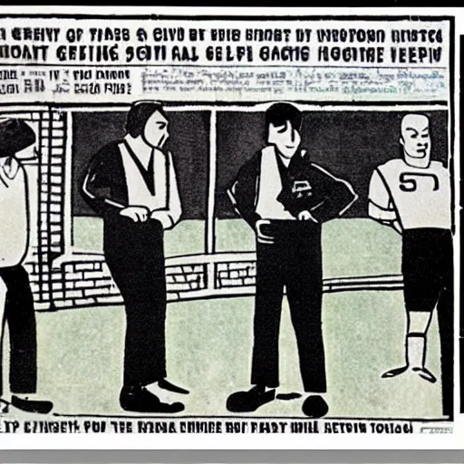 Prompt: group of men asking people to join a football match, comic vignette, 1 9 7 0 newspaper