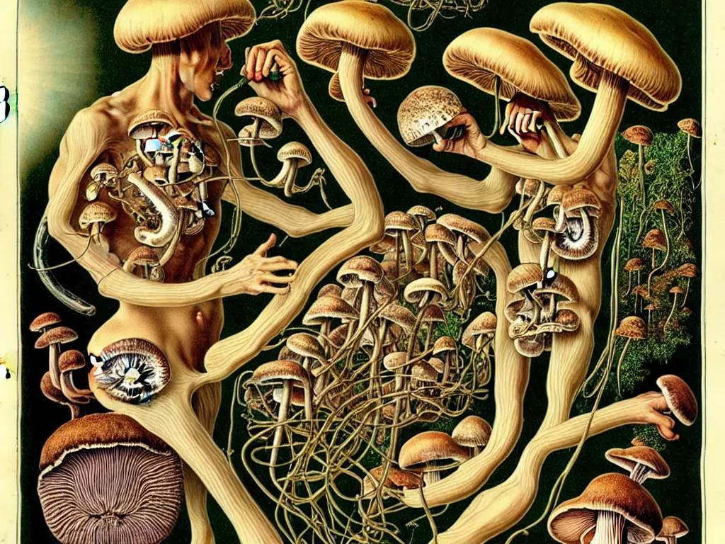 Image similar to human eating yourself with mushrooms, neo surrealism, erns haeckel