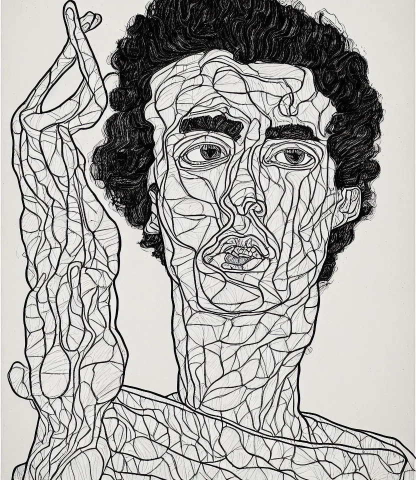 Image similar to detailed line art portrait of paul gaughin, inspired by egon schiele. caricatural, minimalist, bold contour lines, musicality, soft twirls curls and curves, confident personality, raw emotion
