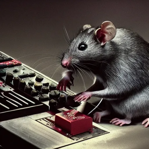 Image similar to a rat cyborg playing with a tb-303 synthesizer, by ruan jia