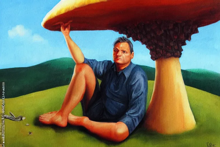 Prompt: portrait of orban viktor sitting under a big mushroom, detailed face, surreal oil painting