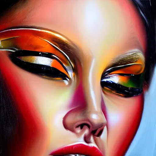 Image similar to cyborg fashion model close - up, hyperrealism oil painting, matte