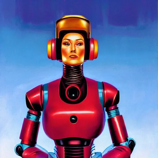 Prompt: beautiful girl wearing robot suit, by greg hildebrandt