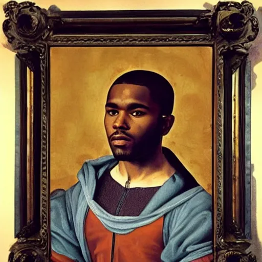 Image similar to a renaissance style portrait painting of frank ocean