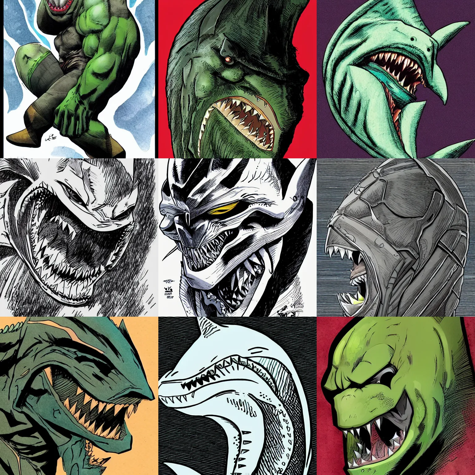 Prompt: anthropomorphic sideview shark!!! jim lee!!! head macro shot!!! flat! ink sketch colorised by jim lee close up in the style of jim lee, ninja! battle rugged hulk shark animal superhero by jim lee