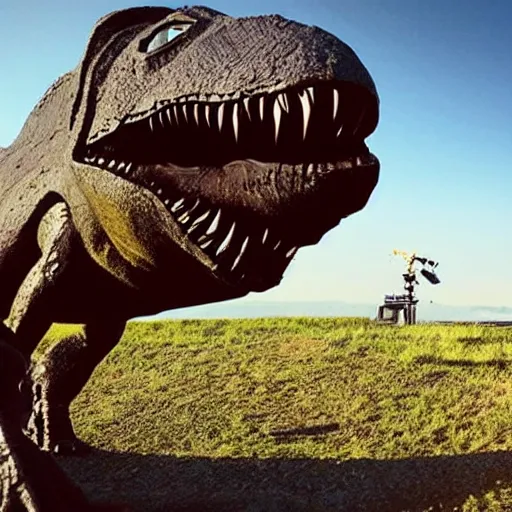 Image similar to photo of T-rex taking a selfie with asteroid in background