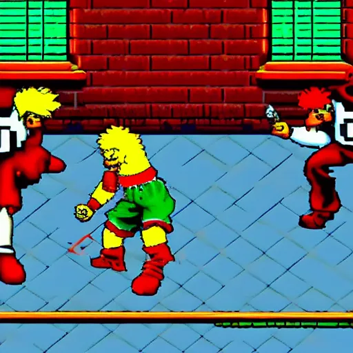 Prompt: screenshot of ronald mcdonald, white face, red afro, red nose and yellow outfit as an enemy in streets of rage video game, sega genesis video game, upscaled to high resolution