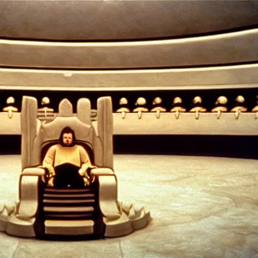 Prompt: Jodorowsky's Dune movie, throne room, emperor, faces in focus, cinema still, wide angle, cinestill 400t film