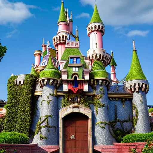 Prompt: overgrown disneyland castle that has been unkept for thousands of years, trending on unsplash, 4 k photorealism, 4 k quality, intricately defined, complexly detailed