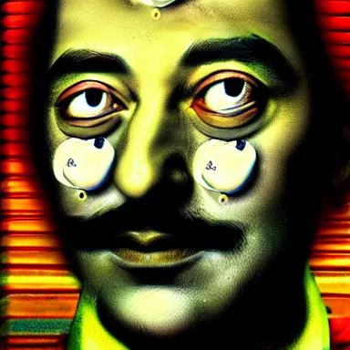 Image similar to portrait of a uncanny artist by Chor Boogie and Salvador Dali collaboration, digital art, mix of aesthetics, close up, high details