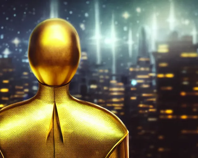 Image similar to closeup of an alien with no helmet wearing a long flowing cloth shirt over stylish large futuristic golden armor suit walking to a tall alien city with buildings and lights in the background, night sky with stars, light fog, beautiful colorful, incredible detail, anamorphic 2 0 mm lens flare