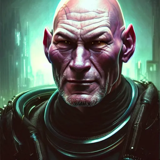 Image similar to portrait painting of a cyberpunk orc doctor who looks like patrick stewart, ultra realistic, concept art, intricate details, eerie, highly detailed, photorealistic, octane render, 8 k, unreal engine. art by artgerm and greg staples and elsa beskow and brian froud and jessica rossier