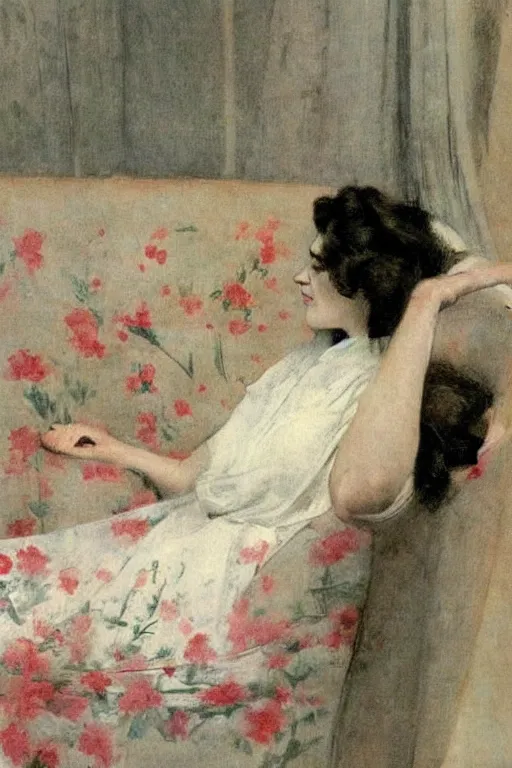 Prompt: european woman in a gown drunk laying on couch, bloom flowers, modern, eclectic, illustration, by ramon casas