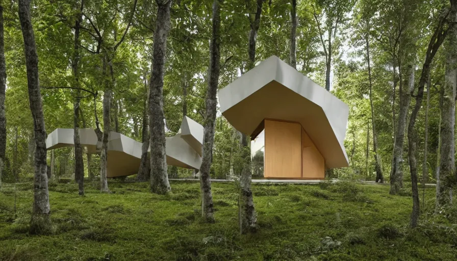 Image similar to A unique innovative and contemporary creative cabin in a lush green forest with soft rounded corners and angles, 3D printed line texture, made of cement, connected by sidewalks, public space, and a park, Design and style by Zaha Hadid, Wes Anderson and Gucci