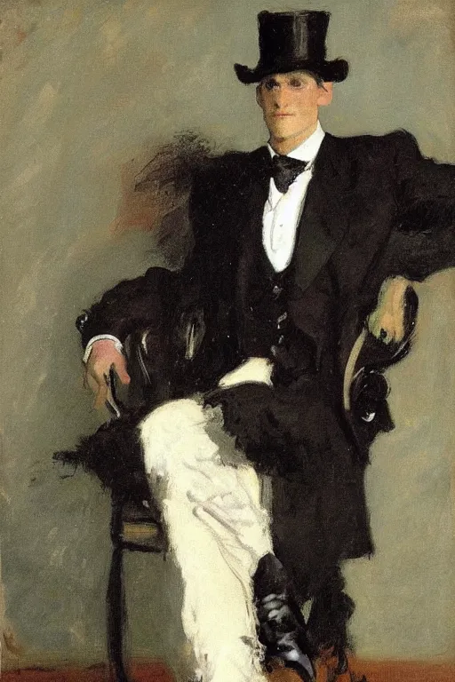 Image similar to portrait of alexander skarsgard as a gentleman wearing an edwardian suit and top hat by walter sickert, john singer sargent, and william open