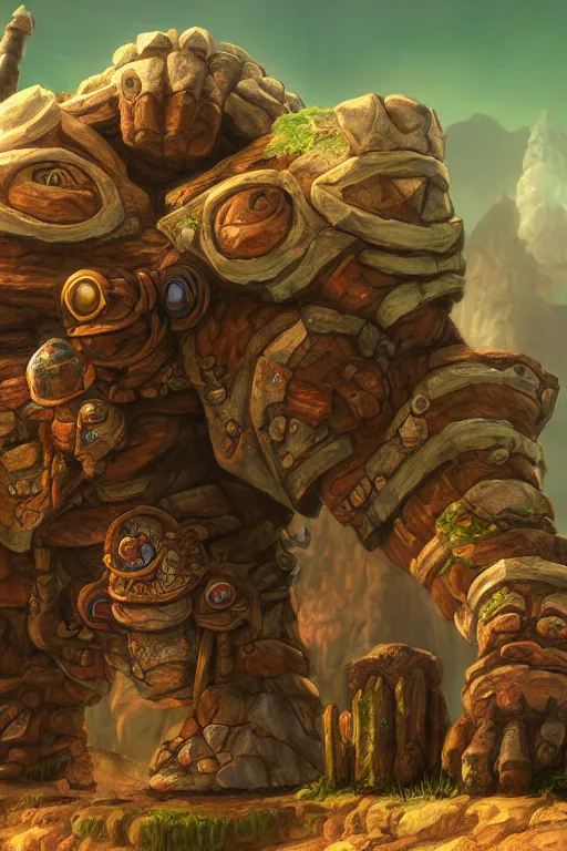 Image similar to zelda fantasy art giant golem troll wood rock greeble gemstone, global illumination ray tracing hdr fanart arstation by sung choi and eric pfeiffer and gabriel garza and casper konefal