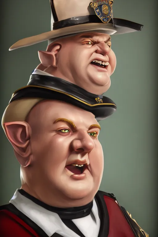 Image similar to fat high elf mall cop with a sheriff's badge, they are shifty and incompetent, Oil Painting, hyperrealistic, Detailed Digital Art, RPG portrait, 3/4 bust, dynamic lighting, Highly Detailed, Cinematic Lighting, 8k, HD