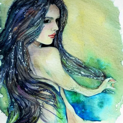 Image similar to detailed portrait of a beautiful mermaid, with long hair watercolor,