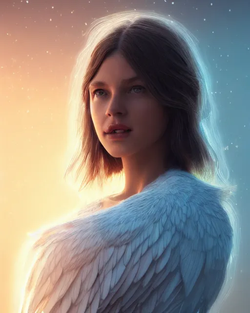 Image similar to Full potrait of cinead o'connor as an angel, hyper realistic, prismatic highlights, atmosphere, gorgeous, depth of field, cinematic, macro, concept art, 50mm, artstation, wlop, elegant, epic, weta digital, focus, octane render, v-ray, 8k, kodak portra, art by Liberatore